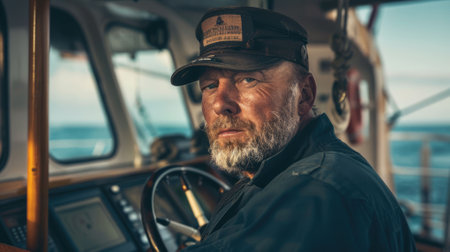 The picture of the military working as the marine captain for sailing the boat, the captain require skill like leadership, technical knowledge, management, weather awareness and safety focus. AIG43.の素材