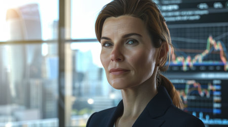 The close up picture of the caucasian woman is concentrated, the british business woman is analyzing the business data in the graph form, english female is investing in the financial marketing. AIG43.の素材