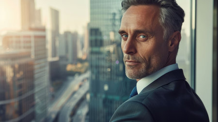 The picture of the caucasian ceo startup tech company is working inside the building in the urban city, chief executive officer require skill like the management, negotiation and communication. AIG43.の素材