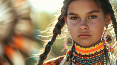 The close up picture of the native american teenage is wearing the costume of traditional dancer with blur background, the traditional dancer require cultural knowledge and dancing technique. AIG43.の素材