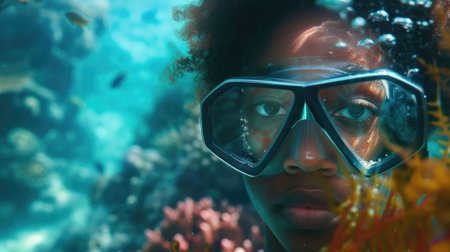 The picture of the diver is diving in the sea or ocean and wearing goggles and snorkel, the diver require skills like knowledge of the diving equipment and gear, buoyancy control and training. AIG43.の素材