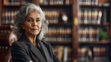 The picture of the senior indian female lawyer working inside room filled with the books or library, the lawyer require skill like law expert and knowledge, experience and negotiation skill. AIG43.の素材