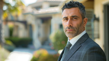 The picture of the middle eastern rich handsome smart person is standing in front of the luxury building, the rich person require skills like the financial management and business knowledge. AIG43.の素材