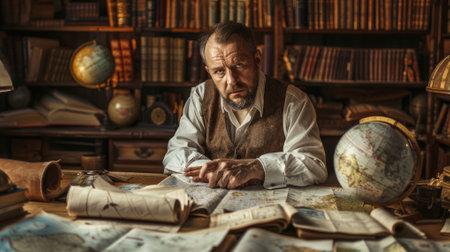 The picture of the cartographer working inside the workshop doing about mapping the map of the world on table, topography need skills like map reading, data analysis and accurate information. AIG43.の素材