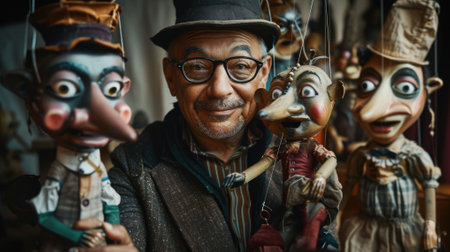 The picture of puppeteer is selling marionette that has been filled in the background of shop, the puppeteer require skill like audience engagement, creativity, puppetry expertise, experience. AIG43.の素材