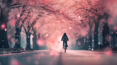 The picture of the cyclist is riding on the road that has been surrounded with cherry blossom or sakura from the both side of the roadway with warm light from the sun in the spring of the year. AIG43.の素材