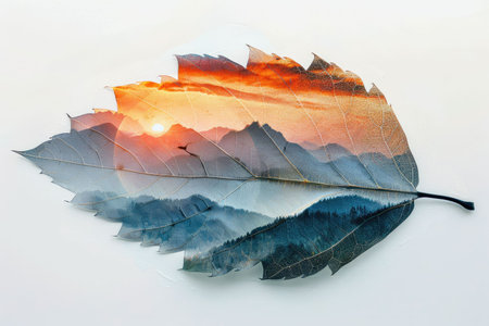 leaf double exposure with beautiful nature background showing concept of sustainability and environmental conservation. aigx04の素材