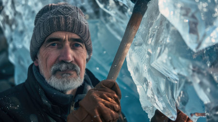 The picture of the ice sculptor holding the tool and equipment for carving the ice block or ice statue in the winter, the ice sculptor require experience in modeling the ice and precision tool. AIG43.の素材