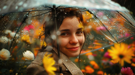 The picture of the smiling person wearing the raincoat and holding the umbrella for protection from the rain weather and also surrounded with colourful flower yet umbrella got wet from rain. AIG43.の素材