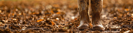 The close up picture of the farmer is walking inside the farm while wearing the dirty boots, the farmer require skill like soil knowledge, farm management, weather monitoring and the marketing. AIG43.の素材