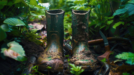 The picture of the dirty boots from dirt and soil inside the garden that has been surrounded with plant and tree, the gardener require skill like plant knowledge, planting and soil management. AIG43.の素材