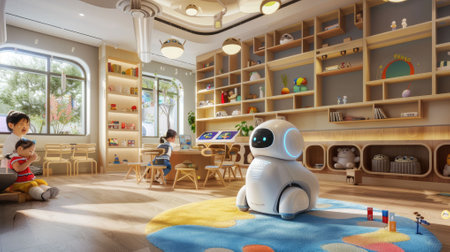 The picture of the robot is staying inside the classroom that has been filled with the children to give advice and assistant for helping the kids, assistant robot is useful for helping human. AIG43.の素材