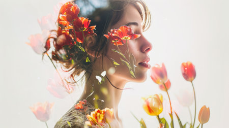 The closeup double exposure picture between young adult beautiful female caucasian human and bright beautiful nature in the morning or evening that the picture stand for peaceful of the life. AIGX01.の素材