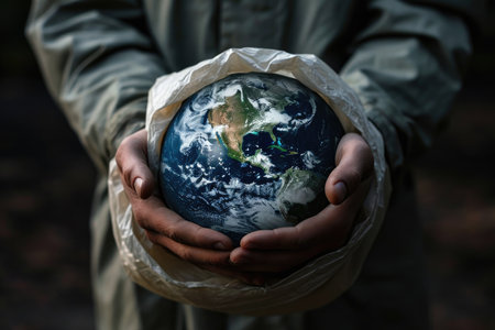 The picture of the person that has been holding the earth globe that come with the plastic bag that can stand for multiple meaning like protect the earth or keep the earth from plastic bag. AIGX01.の素材