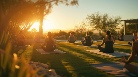 A serene yoga class at sunrise, participants in a tranquil outdoor setting, symbolizing peace and mindfulness. Resplendent.の素材