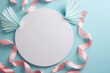 A front view of the isolated plate that has been placed on blue background that decorated with the pastel ribbon that can be compile to the things like the celebration, festival or ceremony. AIGX03.の素材