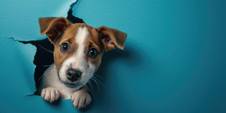 Close up view picture of the hollow blue hole on the the wall that show the dog stay inside the wall that has been made from some material yet still can break to look through the other side. AIGX03.の素材