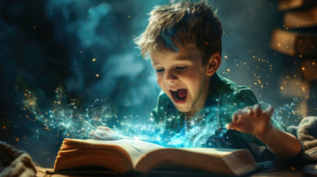 The young human that can be called child that staring and looking to the magical book that turing the pages by itself with magical power and colourful bright effect that reflected child face. AIGX03.の素材