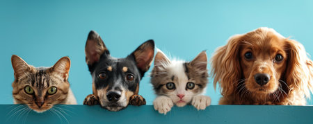 The picture of front view and close up of the multiple group of the various cat and dog in front of the bright blue background that look back to the camera with the curious and interest face. AIGX03.の素材