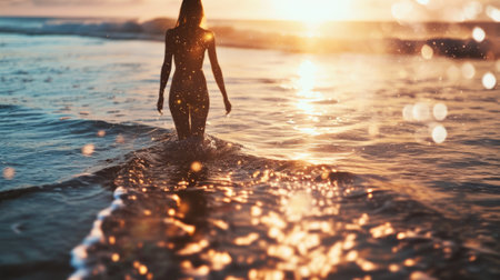 The picture of the young or adult female human doing the standing pose for relaxation or meditating the mind in the middle of the nature under bright sun in the daytime of a dawn or dusk day. AIGX03.の素材