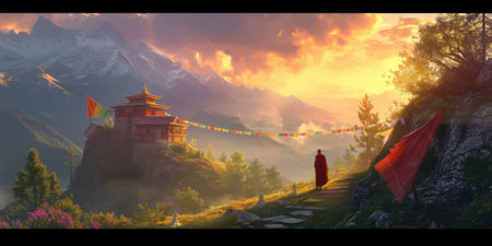 Sunrise illuminates a Himalayan temple and vibrant prayer flags, with the majestic snow-capped mountains creating a breathtaking backdrop. A tranquil monastery high in the mountains. Resplendent.の素材