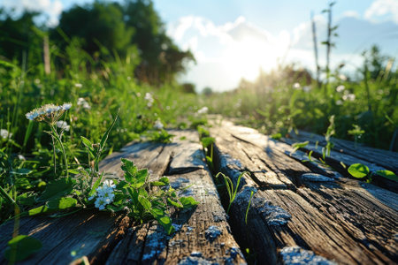 The picture of the wood table in the middle of the forest that surrounded with an uncountable amount of tree and plant in the forest with a bright light from the brightest sun of the daytime. AIGX03.の素材