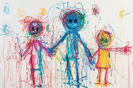 The hand drawing colourful picture of the group of the human family that has been drawn by the colored pencil, crayon or color chalk on the white background that seem to be drawn by the child. AIGX01.の素材