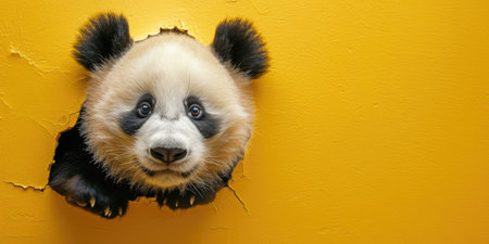 Close up view picture of the hollow yellow hole on the the wall that show the panda stay inside the wall that has been made from some material yet still can break to look through other side. AIGX03.の素材
