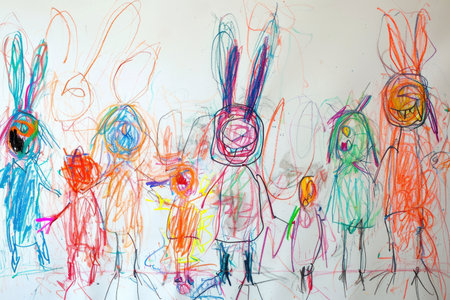 The hand drawing colourful picture of the group of the various type of the rabbit that has been drawn by a colored pencil or crayon on the white background that seem to be drawn by the child. AIGX01.の素材