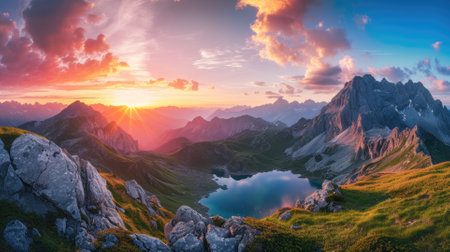 The panorama captures a breathtaking sunset casting golden hues over a majestic mountain range with alpine lakes nestled in valleys. Resplendent.の素材