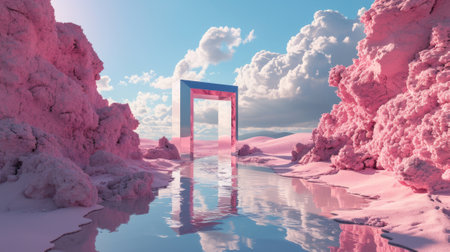 A metallic pink square portal in the middle of the clear river that connected to the ocean that surrounded with a pile of the pink sand and pink desert under the cloudy sky in the sunny day. AIGX03.の素材
