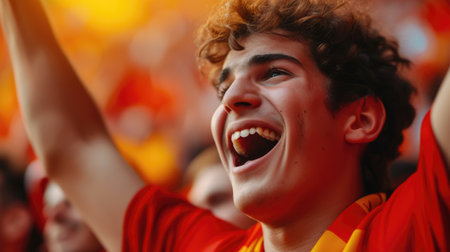 A happy man in a red shirt, with arms raised in the air, is celebrating, sporting a smile on his face. AIG41の素材