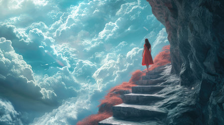 The picture of the young or adult female human doing the walking pose or the standing pose at the stair for exploration the fantasy space that shine with the bright light from sun in daytime. AIGX03.の素材