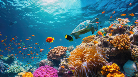 A sea turtle glides through the clear blue waters of a coral reef teeming with colorful marine life and diverse coral formations. Resplendent.の素材