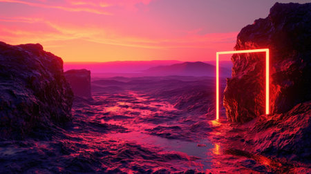 The great orange floating rectangle beyond the land that surrounded with a amount of the tall mountains at the dawn or dusk time of the day that shine light to the every part of the picture. AIGX03.の素材