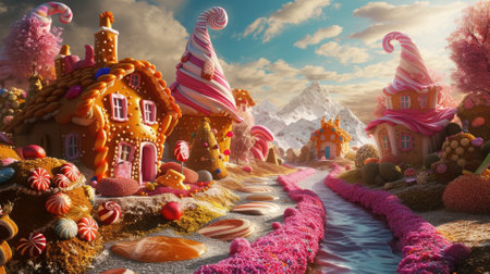 A whimsical and colorful candy village with houses made of confectionery delights and a river flowing with liquid sweetness. Resplendent.の素材