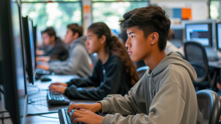 Focused students work on computers in a technology class, coding and developing software as part of their education. AIG41の素材