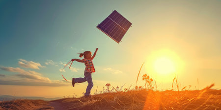 Happy children enjoy playing a kite at garden with clear blue sky. Attractive elementary student looking at sky and flying kite with solar panel on sunny day. Recreation activity concept. AIG42.の素材