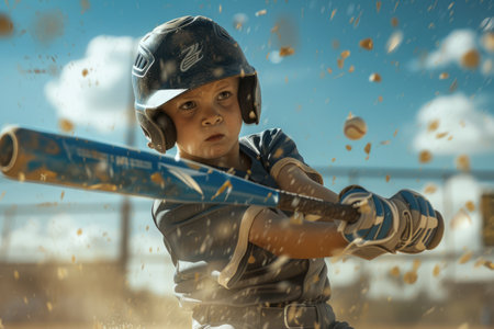 A portrait of elementary student playing baseball at baseball stadium while wearing safety gear. Energetic child holding baseball bat and standing at baseball field with blurring background. AIG42.の素材