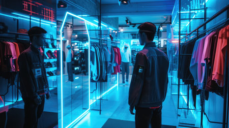 Skilled people using VR headset to connect in metaverse shopping mall and choosing product. Smart people walking in simulated shopping center while using visual reality goggles. Innovation. AIG42.の素材