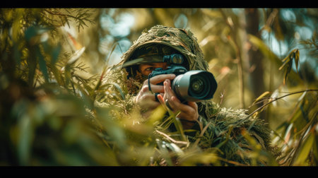 An image of professional wildlife photographer hiding bush surrounded with tree in forest and taking a photo. Hunter inspecting animal while holding and using camera while wearing green cloth. AIG42.の素材