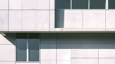 Minimalistic geometric architectural building structure with shadow and light against white wall. Image of house with white color in square design with blue clear sky. Modern home concept. AIG42.の素材