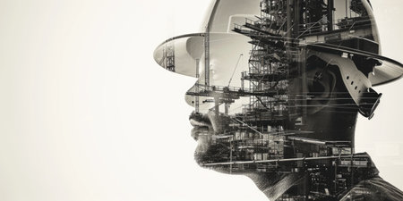 Double exposure of engineer wearing safety helmet with building construction or skyscraper. Close up portrait of architect or interior designer thinking about designing architectural building. AIG42.の素材