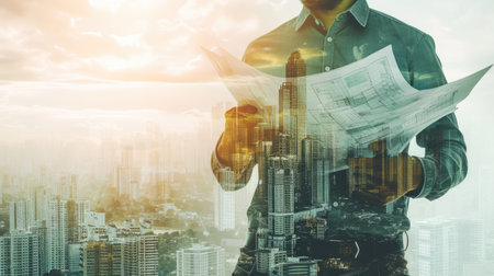 Professional civil engineer holding project plan with double exposure with building. Skilled architect and interior designer reading blueprint and standing while inspect with cityscape view. AIG42.の素材