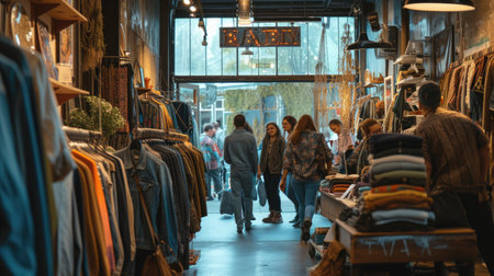 A crowd of customers is touring a retail building in the citys clothing marketplace. AIG41の素材