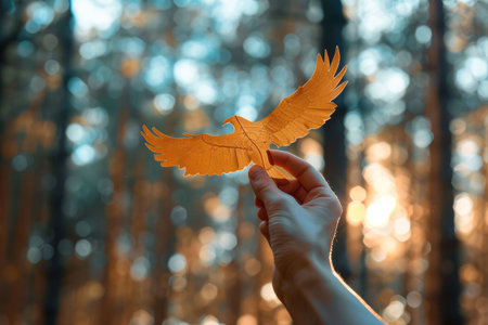 nature art of leaf carved into animal shape showing concept of sustainability and environmental conservation. aigx04の素材