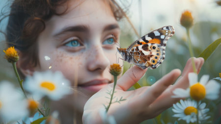 The close up picture of the person holding the butterfly on the finger that has been surrounded with the plant and the nature in the springtime of the year under the bright light from the sun. AIG43.の素材