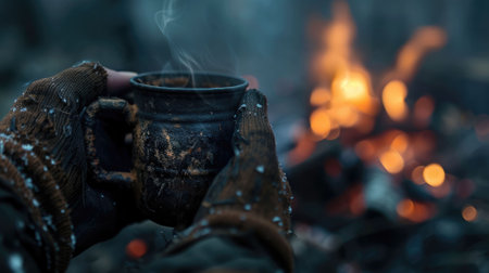 The close up picture of the person holding the cup of the coffee by their own hand to relax near fireplace for relaxation with dark gloomy blur background yet feel warm by the source of heat. AIG43.の素材