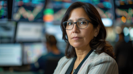 The picture of the latina financial analysis working inside the office with monitor analyzing finance, financial analysis require skill financial analysis, risk management and economic. AIG43.の素材