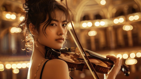 The close up picture of the caucasian professional violinist holding the violin and ready to perform the music melody inside the great orchestra hall that has been filled with the light bulb. AIG43.の素材